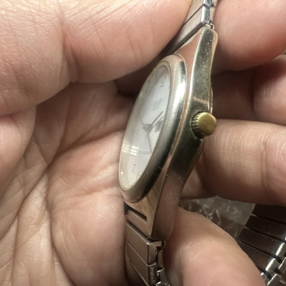 Working Vintage Sharp Mens Watch Silver Day Date White Quartz 35mm Fit 7.5
